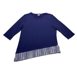 Easywear By‎ Chico's Navy Blue Asymmetrical Hem Striped Trim Tunic Top Size 3